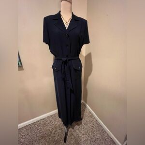 Vintage David Warren Navy Button up collared Dress, shoulder pads, size 12P